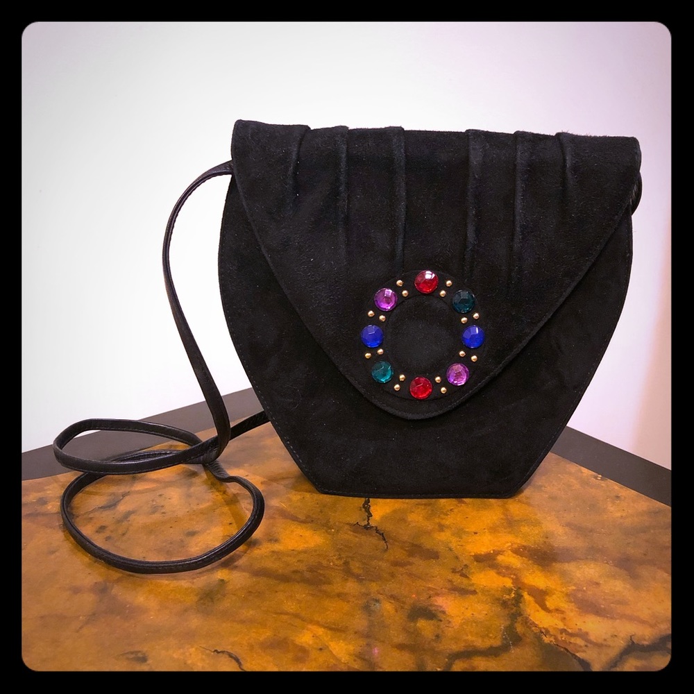 Stuart Weitzman Black Suede Crossbody Bag with Multicolor Gem Accent